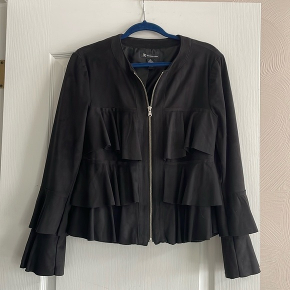 INC International Concepts Black Faux Suede Tiered Ruffle Jacket M Bell Sleeves - Picture 2 of 10